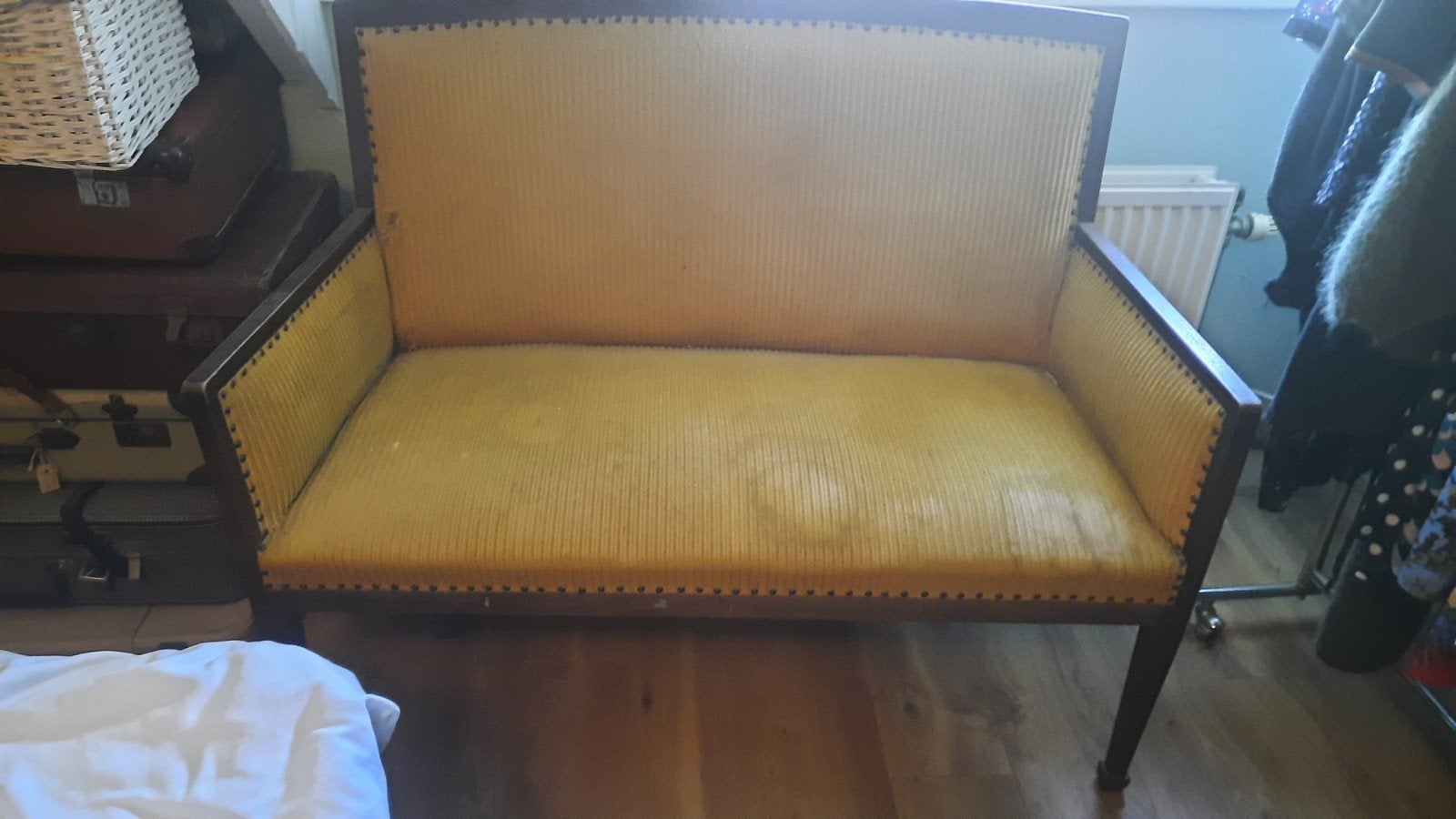 Vintage Kasteelbankje / eettafelbank met mosterdgele Stof, Ophalen