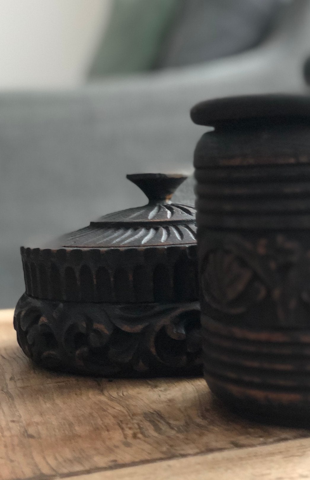 Set oosterse houten potje met deksel India sober sleets, Ophalen of Verzenden