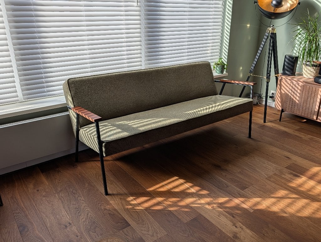 Retro bankje | Olijfgroen | Woood, Huis en Inrichting, Banken | Sofa's en Chaises Longues, Gebruikt, Driepersoons, 150 tot 200 cm