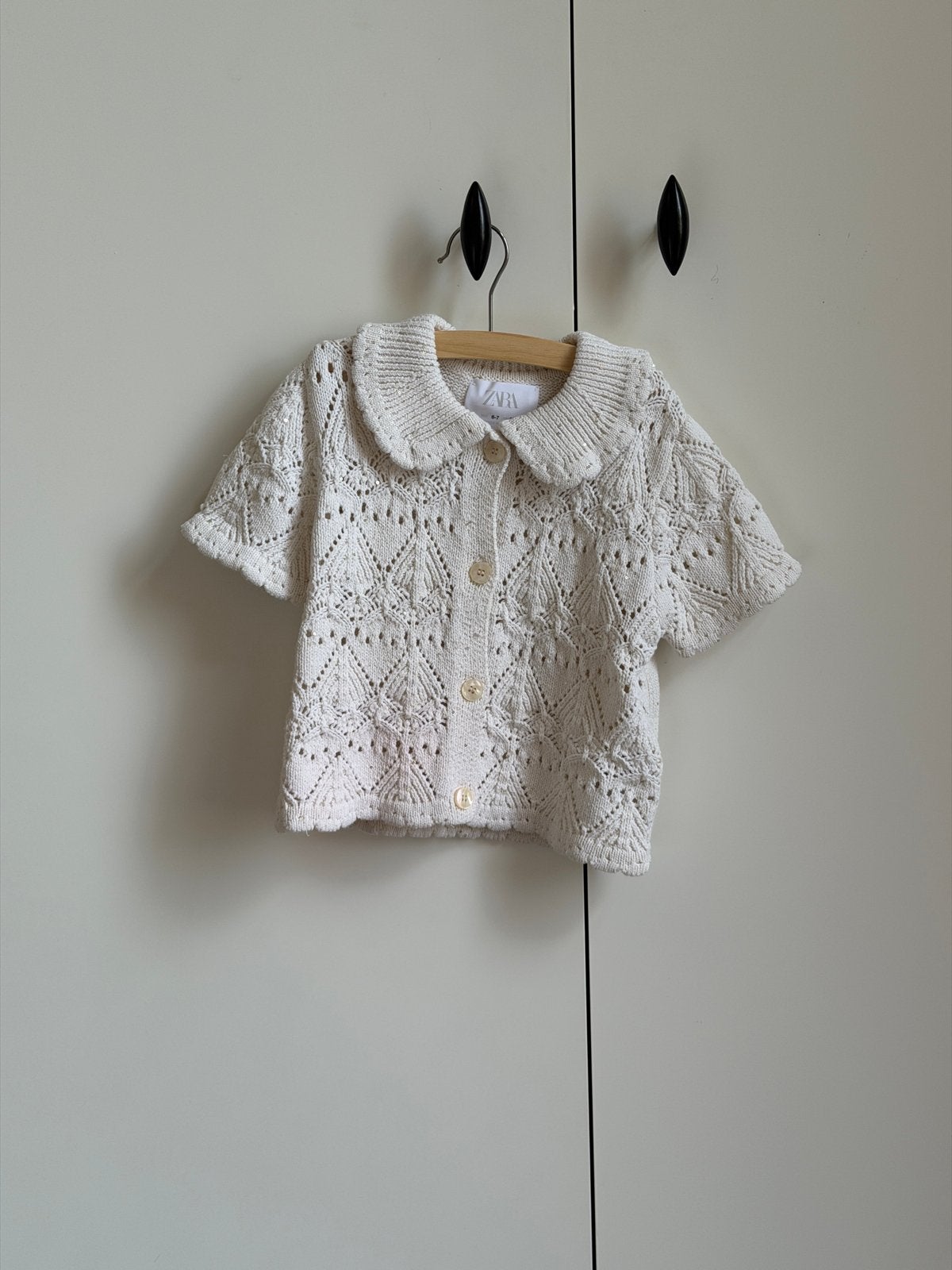 Zara Gebreide Top Korte Mouw Ajour Ecru Katoen Maat 120, Ophalen of Verzenden, Zo goed als nieuw, Meisje, Shirt of Longsleeve
