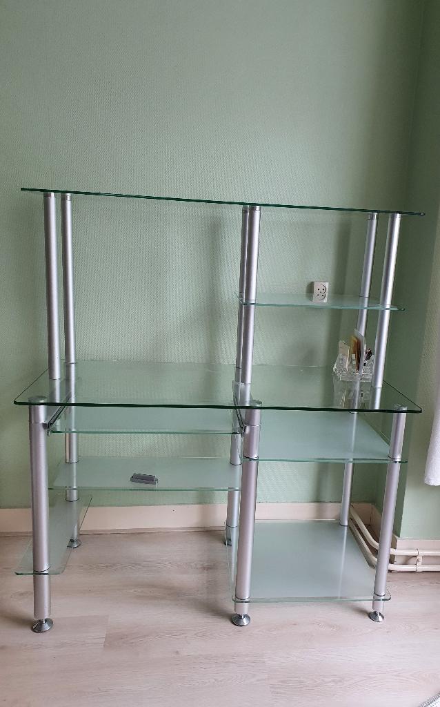 Glazen computer tafel 2 delig aluminium poten, 120 cm, Vintage, Ophalen of Verzenden, Zo goed als nieuw