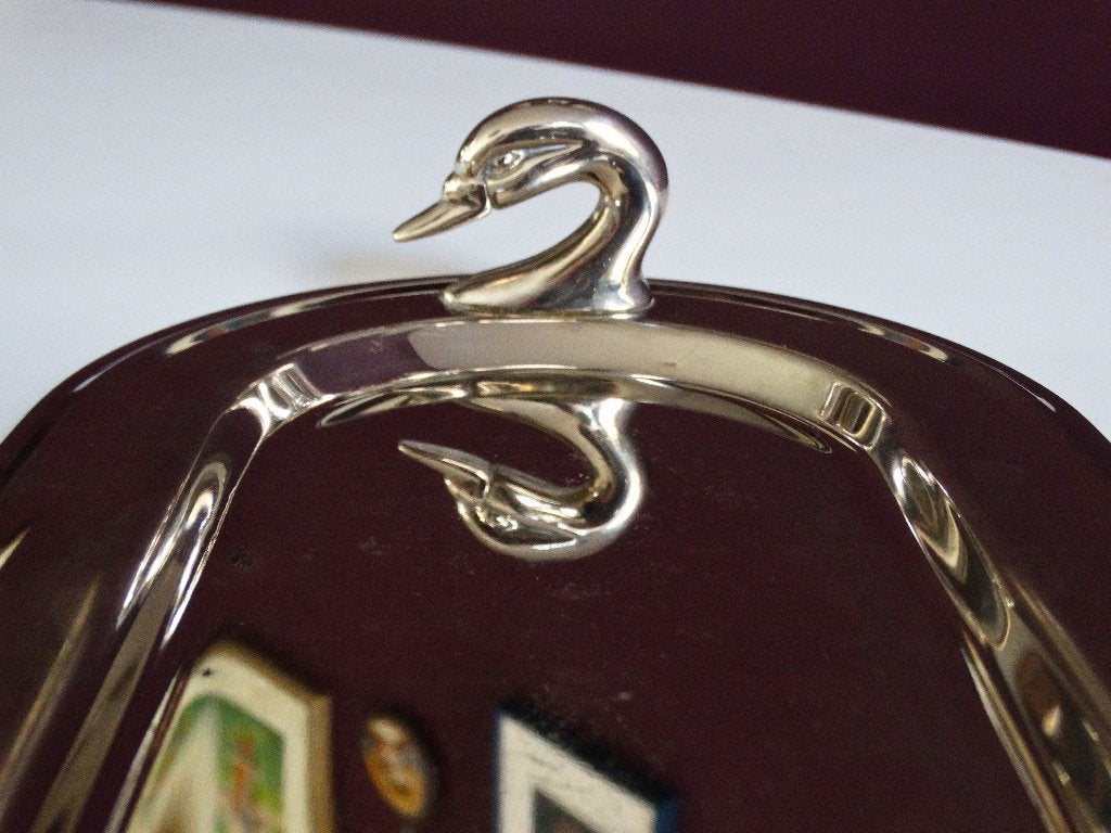 Verzilverd dienblad met zwanen – vintage jaren 70, Gebruikt, Serveerschaal, Ophalen of Verzenden, Afgeronde hoeken