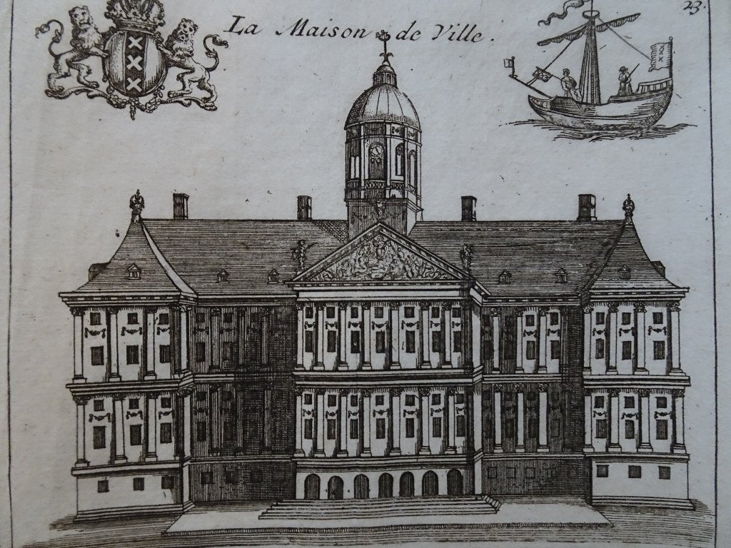 Gravures 3 stuks Waag Beurs Stadhuis Amsterdam 1720, Antiek en Kunst, Verzenden, Architectuur, Gravure, Dubbele gravure