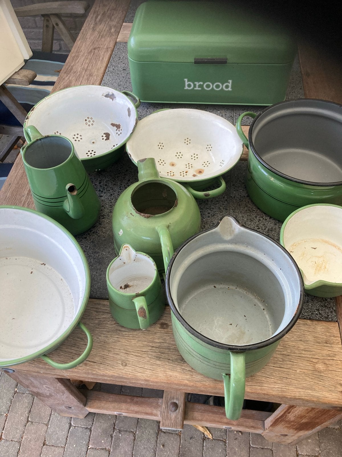 Vintage groen emaille keukenset - Broodtrommel & meer, Antiek en Kunst, Ophalen