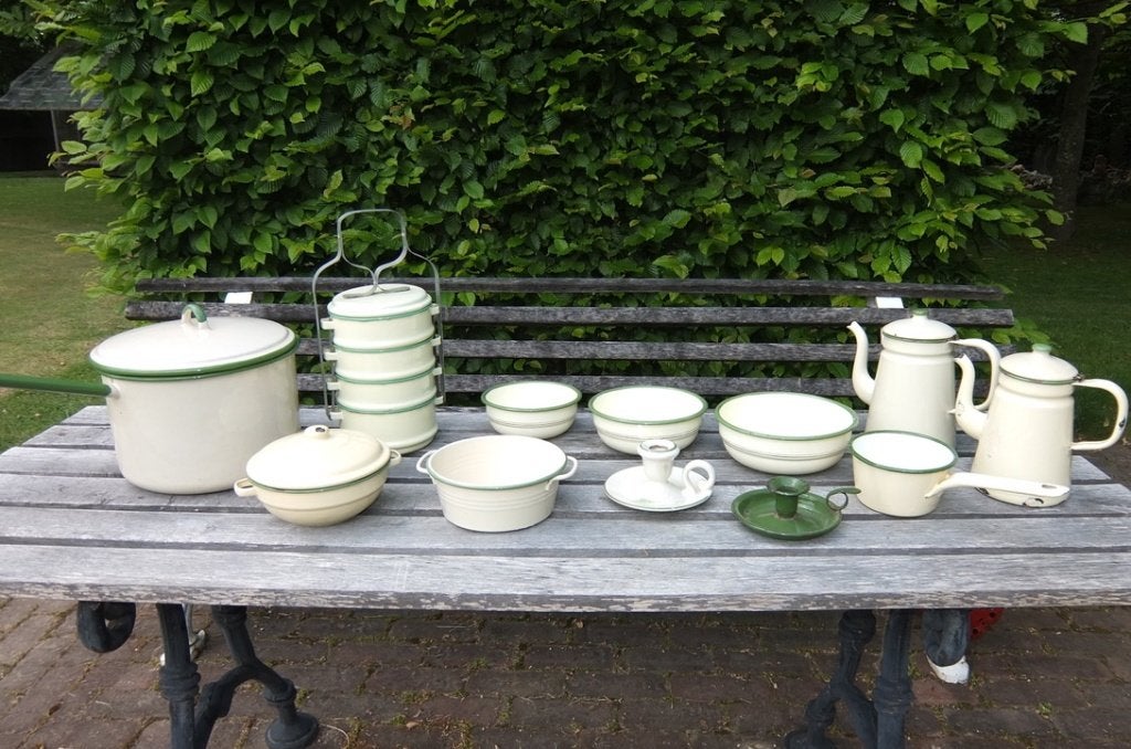 Emaille vintage keukenset creme / groen fifties, Ophalen of Verzenden