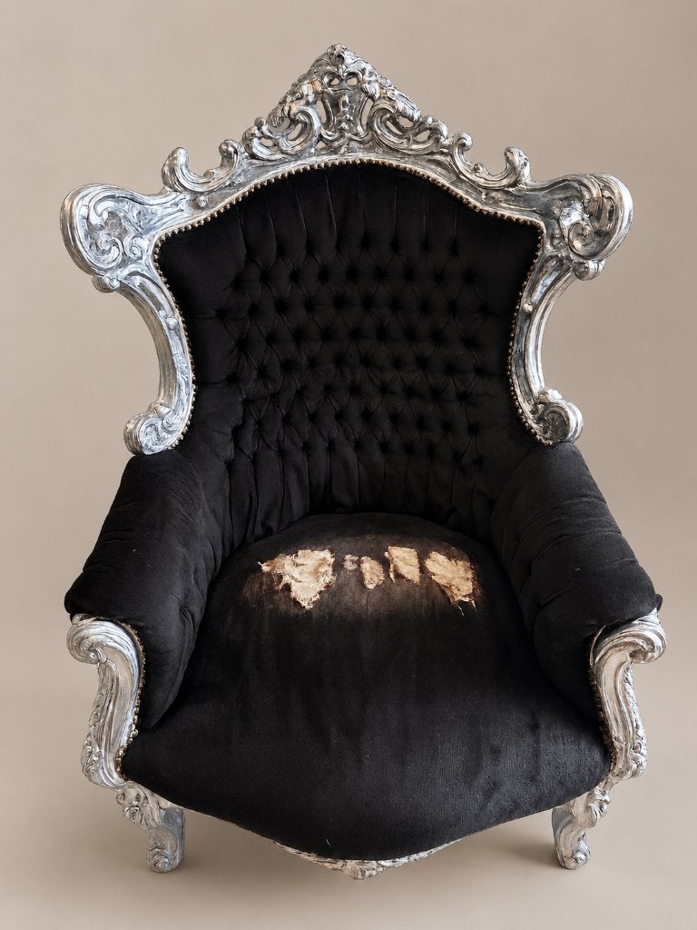 Barokke fauteuil met zilveren frame en zwarte bekleding, Antiek en Kunst, Ophalen