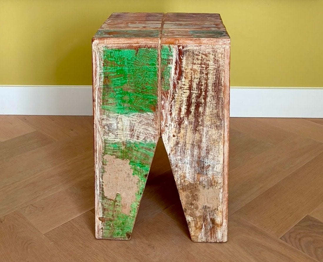 Authentieke Indiase kruk / bijzettafel van gerecycled hout, Ophalen, Gebruikt, Overige kleuren, Eén