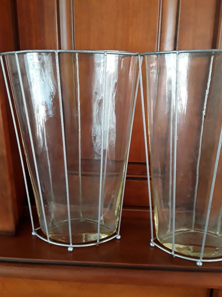 vazen glas in metalen frame. vintage vazen., Huis en Inrichting, Woonaccessoires | Vazen, Overige kleuren, Ophalen of Verzenden