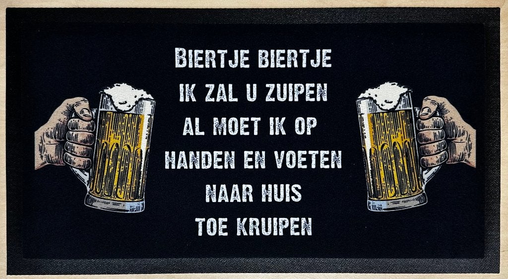 Biertje biertje ik zal u zuipen barmatje barrunner deco mat, Reclamebord, Info@deconoord.nl, Deco Noord, Nieuw