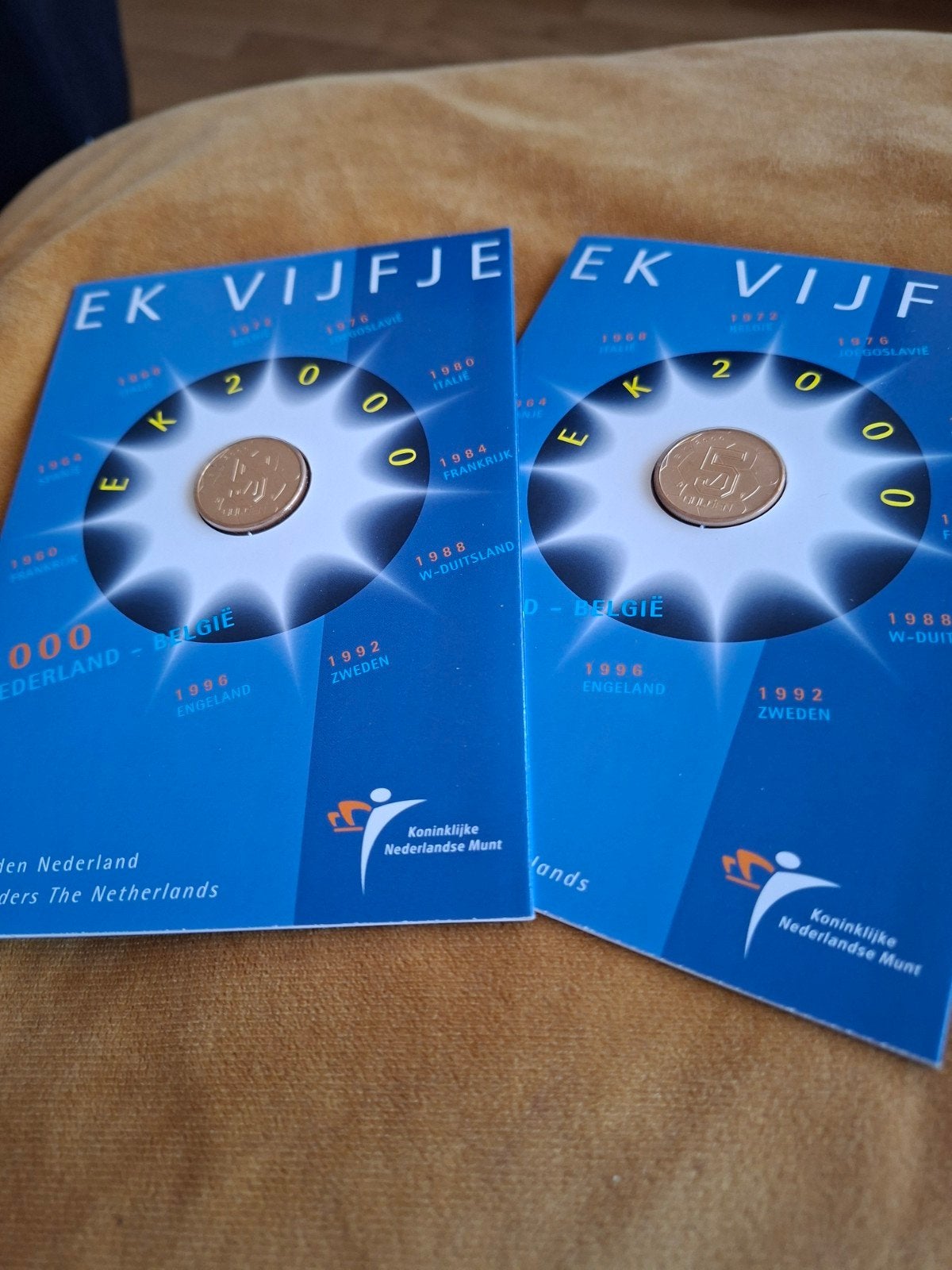 EK Vijfje 2000 Nederland - België (2 stuks), Ophalen of Verzenden
