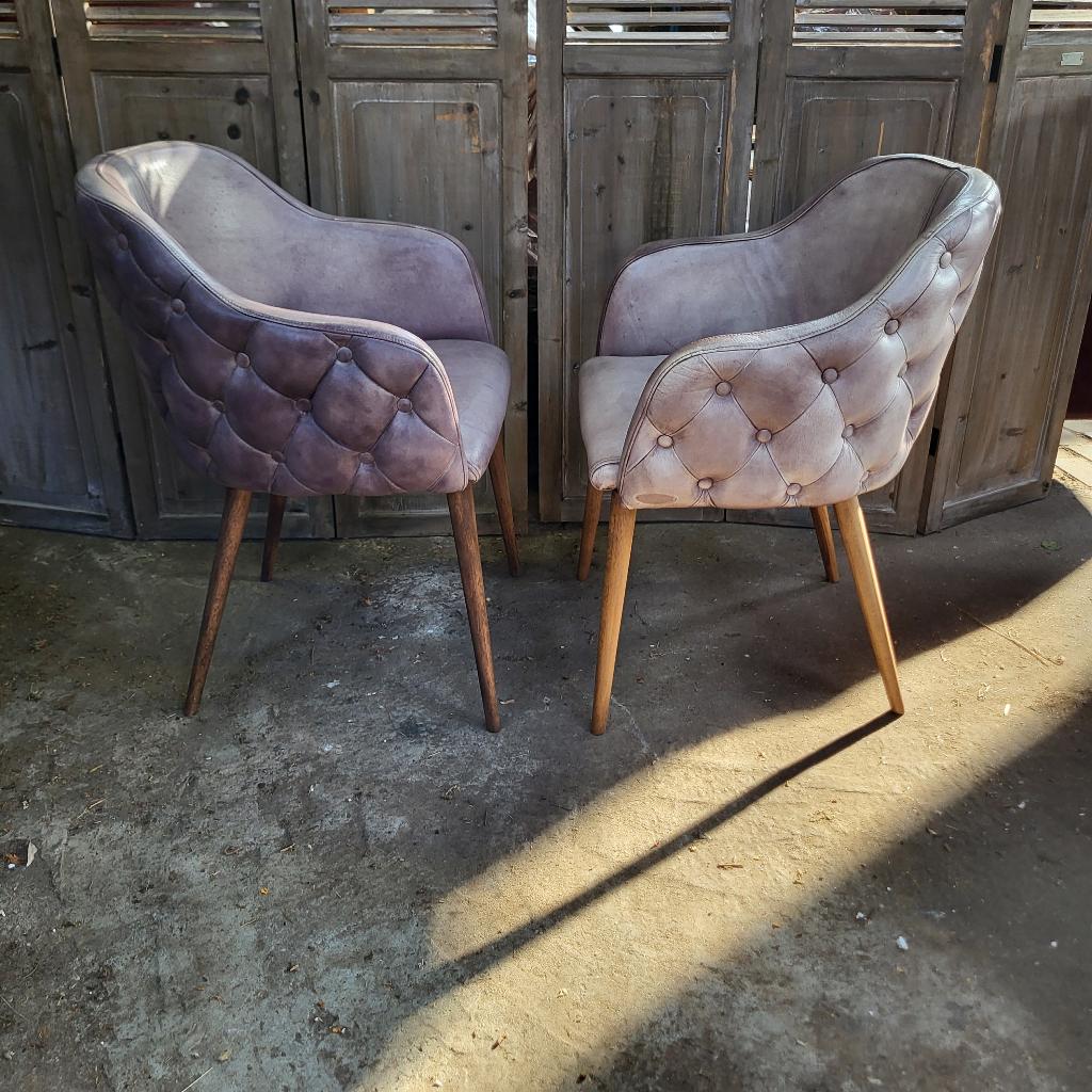 Set van 2 Chesterfield stoelen, bijzet fauteuils, grijs leer, Twee, Chesterfield, Leer, Ophalen of Verzenden