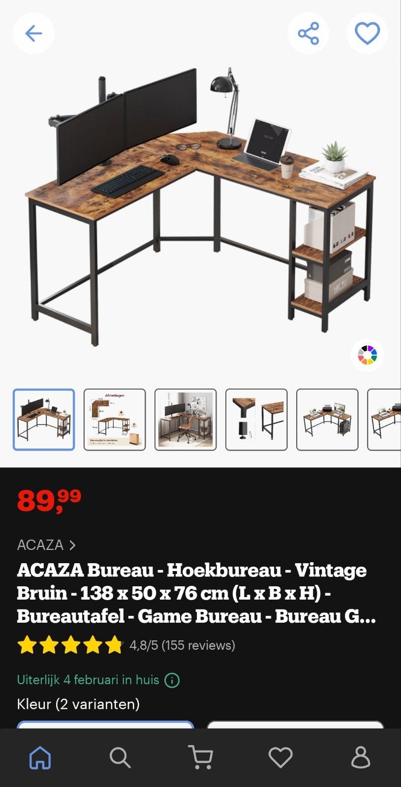 ACAZA Hoekbureau Vintage Bruin - 138x50x76 cm, Huis en Inrichting, Bureaus, Ophalen