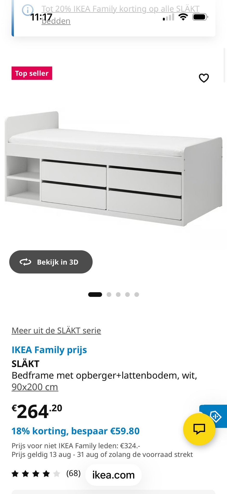 IKEA SLÄKT bedframe met opberger en lattenbodem, wit, Ophalen, 90 cm, Eenpersoons, Wit