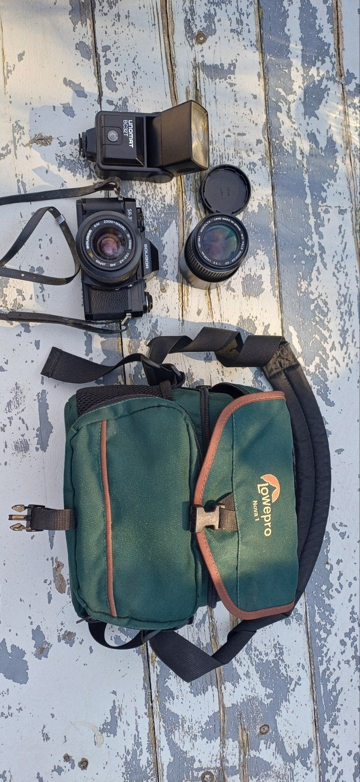 Vintage cam. set: Soligor SR-300, Minolta lens, Unomat fli, Overige merken, Gebruikt, Voor analoge fotografie, Externe flitser