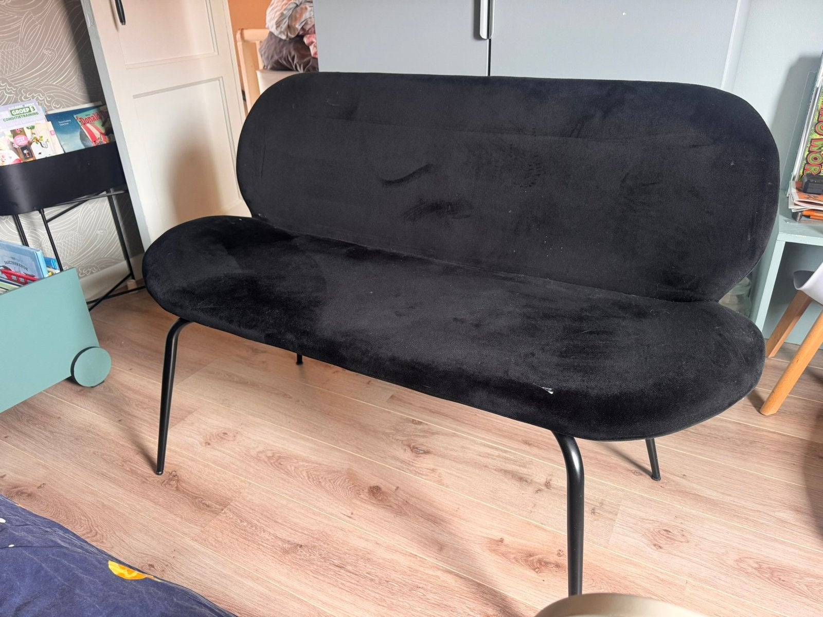 Eetkamerbankje woood zwart fluweel, Ophalen, 90 cm, Eenpersoons, Zwart