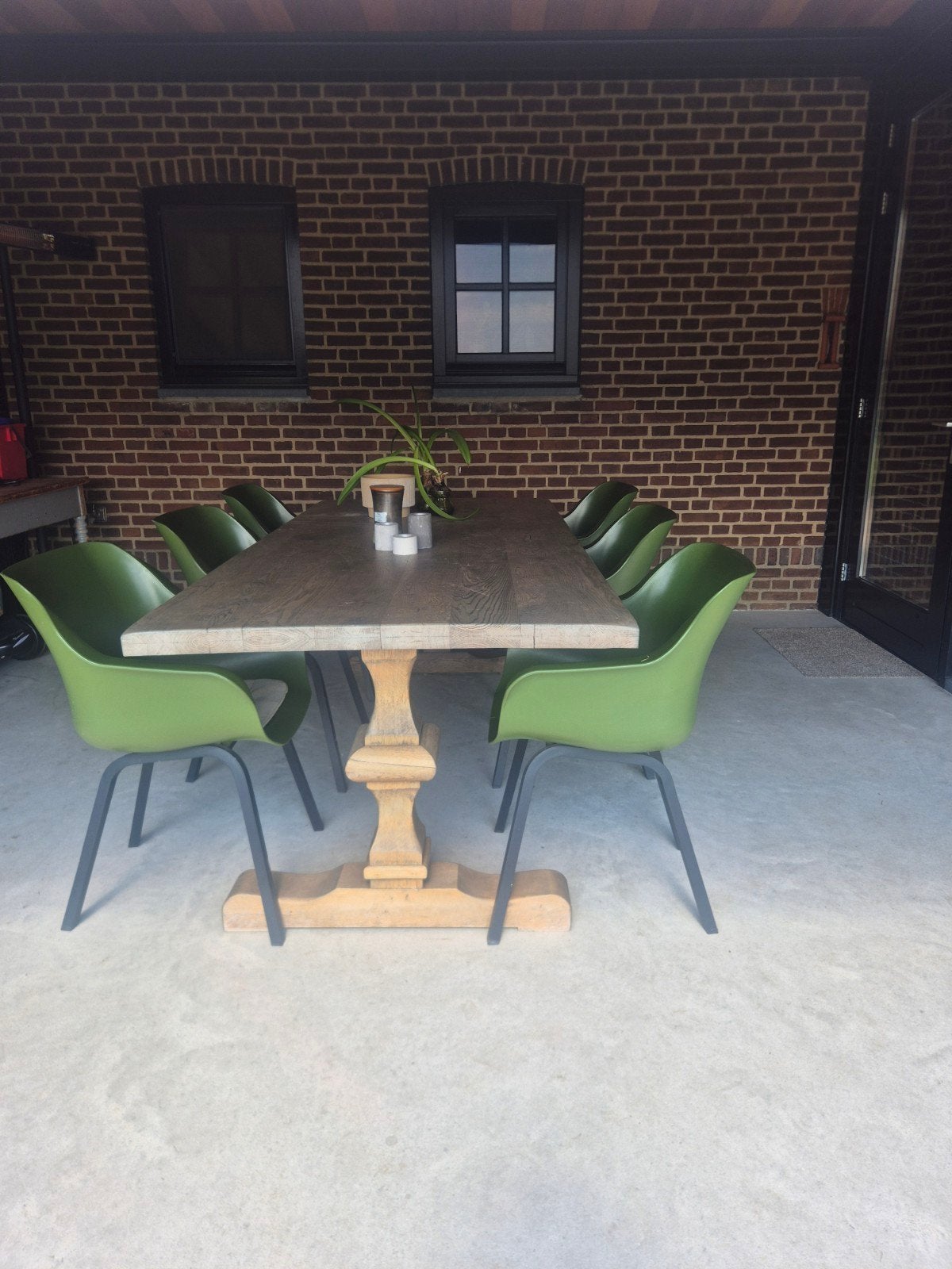 Houten tuintafel met 6 Hartman groene kuipstoelen en kussens, Ophalen, Zo goed als nieuw, Rechthoekig, Hout
