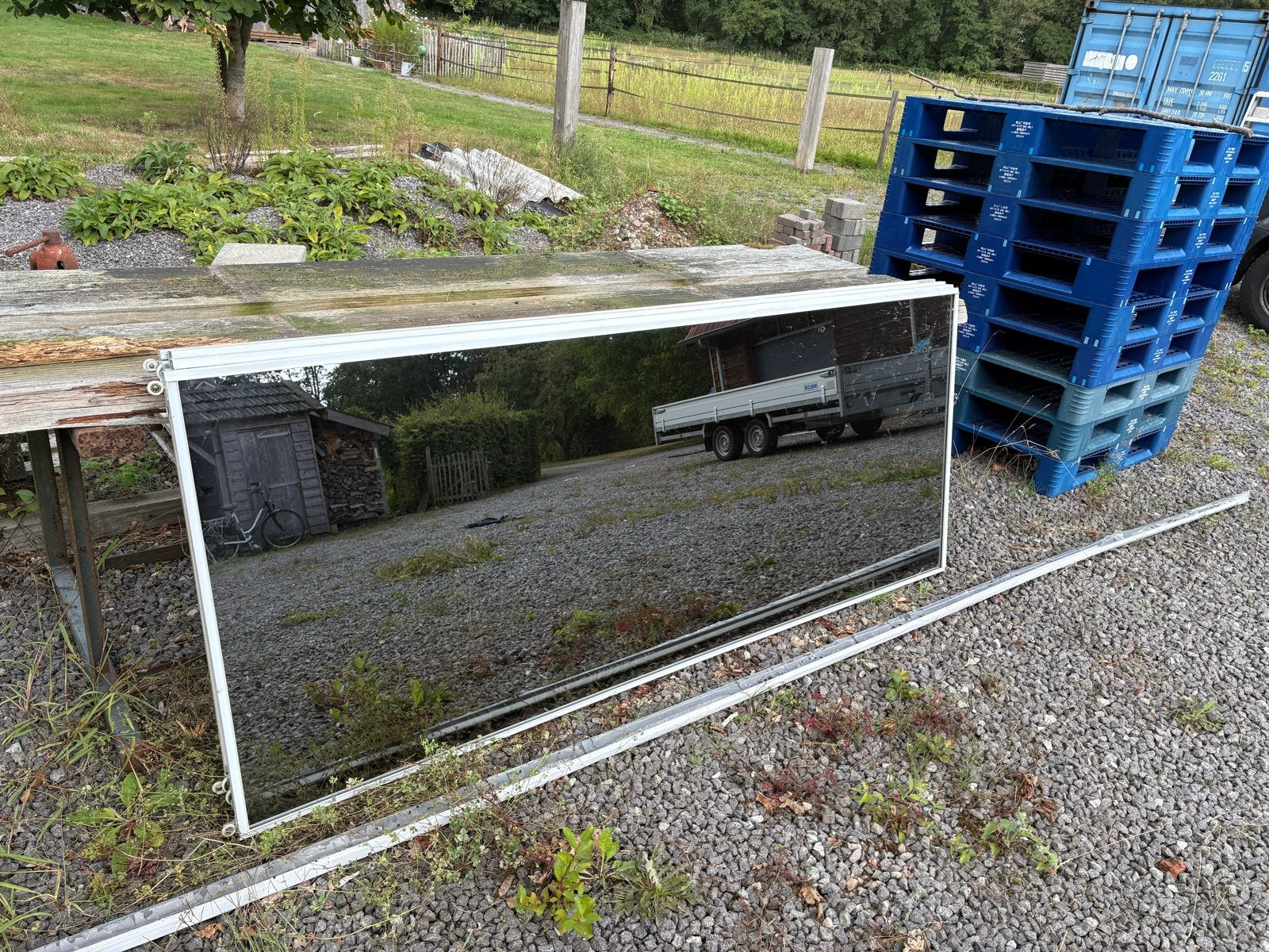 Grote spiegel met aluminium frame, Ophalen, Gebruikt, 200 cm of meer, 75 tot 100 cm