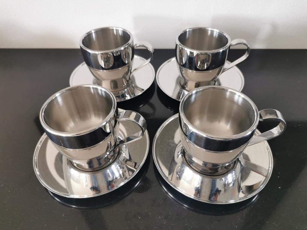 Set van 4 RVS dubbelwandige koffiekopjes met schotels, Overige materialen, Ophalen of Verzenden, Zo goed als nieuw, Effen