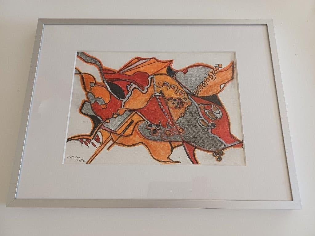 abstracte tekening met levendige oranje en grijze tinten, Antiek en Kunst, Kunst | Schilderijen | Abstract, Ophalen of Verzenden