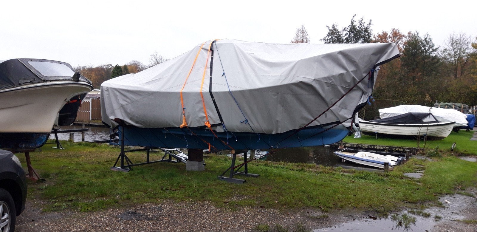 zeil.stevig,zwaar.grijs, Ophalen, Gebruikt, 15 tot 30 m², 3 tot 6 meter