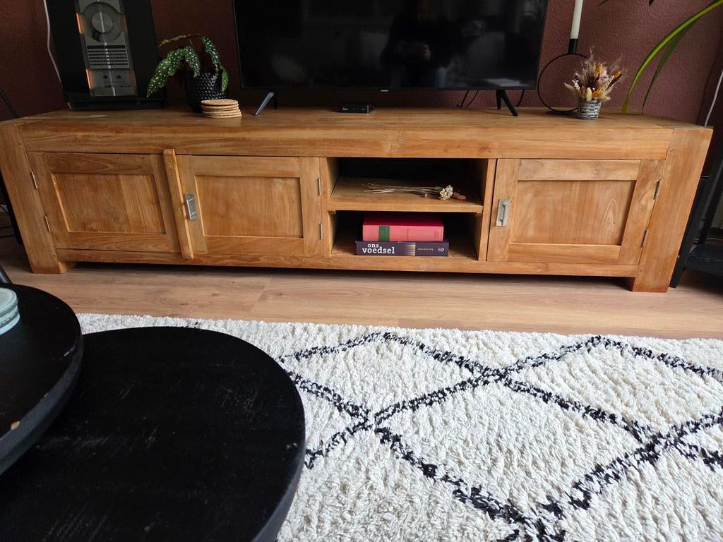 Teak houten tv meubel met opbergruimte, Huis en Inrichting, Kasten | Televisiemeubels, Ophalen, Gebruikt, 150 tot 200 cm, Teakhout