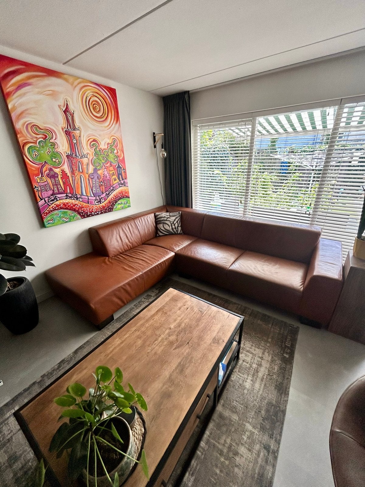 Cognac Leren Hoekbank met Houten Poten - Ruim en Comfortabel, Ophalen, 250 tot 300 cm, Gebruikt, Hoekbank