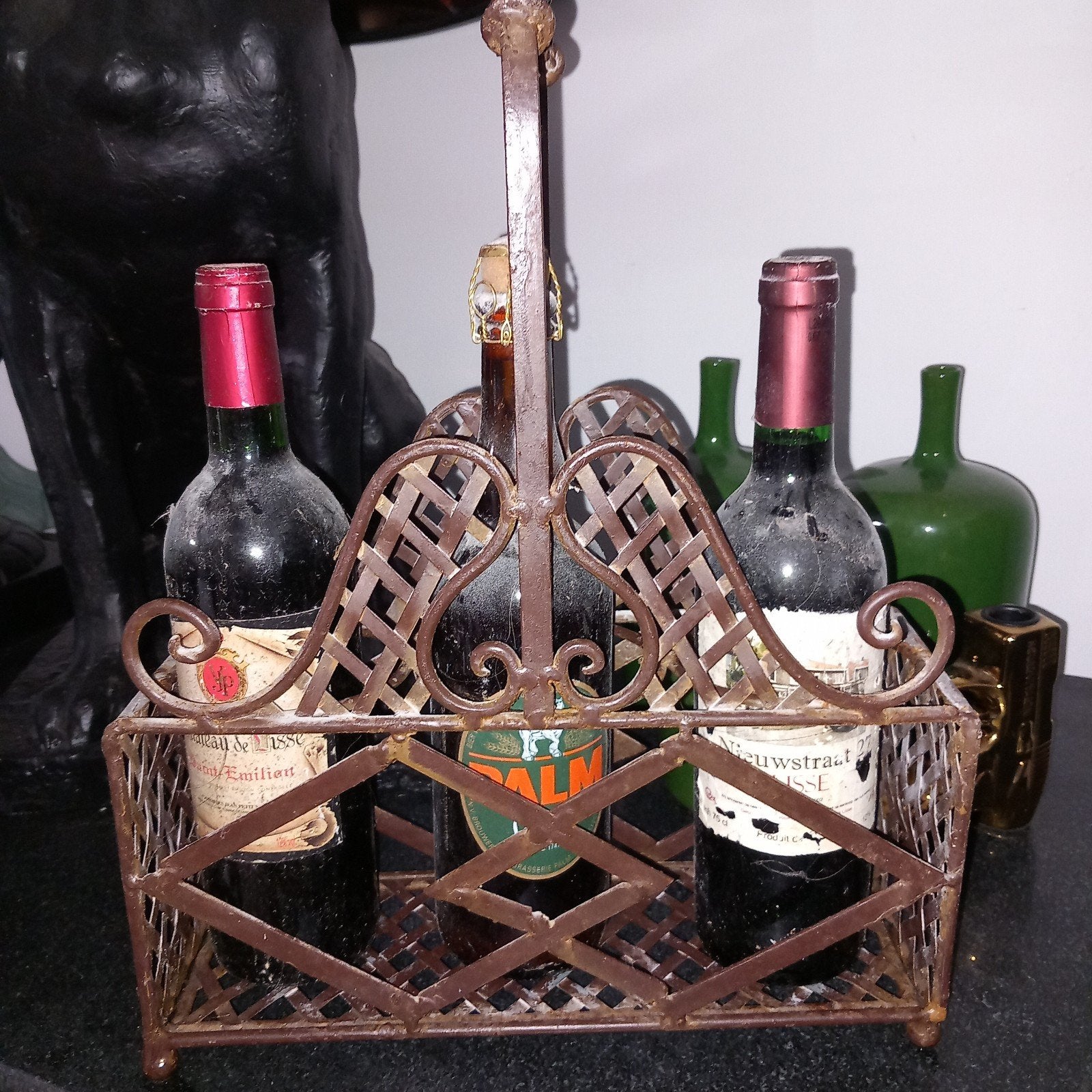 Gietijzeren wijnrek voor 3 flessen - Vintage look, Gebruikt, Ophalen of Verzenden, Minder dan 5 flessen, Metaal
