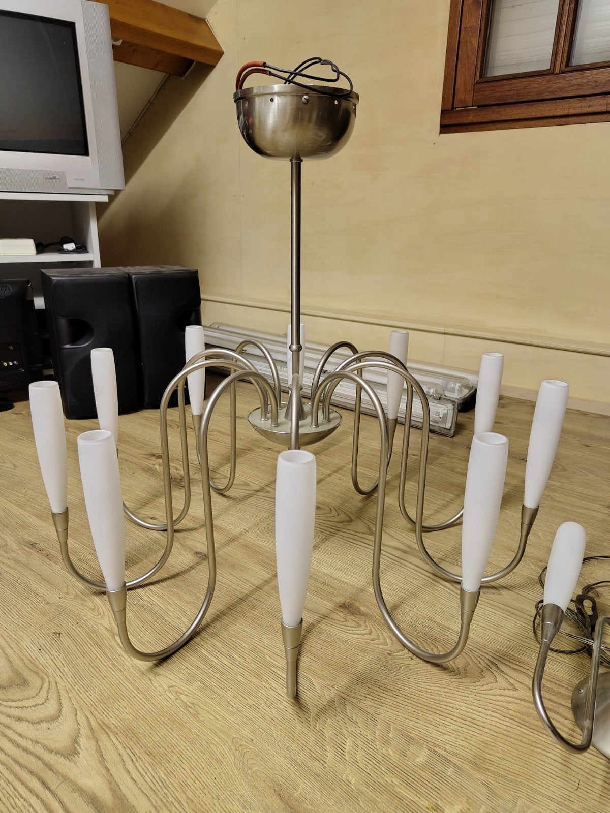 Moderne hanglamp en wandlamp set - Geborsteld staal, Ophalen of Verzenden, Gebruikt, Glas, Modern