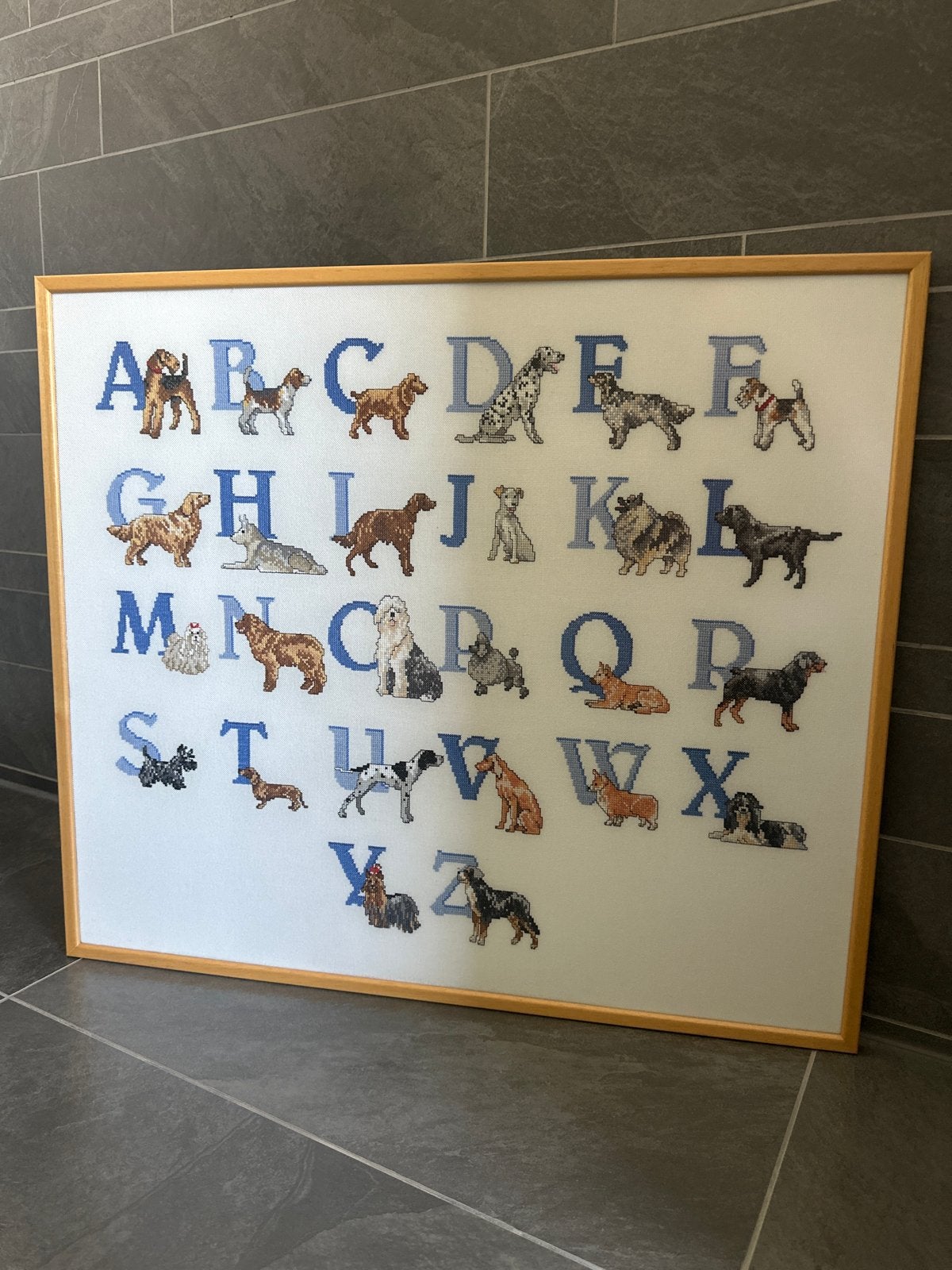 (Zelf) Geborduurd honden abc met houten beuken lijst, Ophalen, Gebruikt, Handborduren, Overige typen