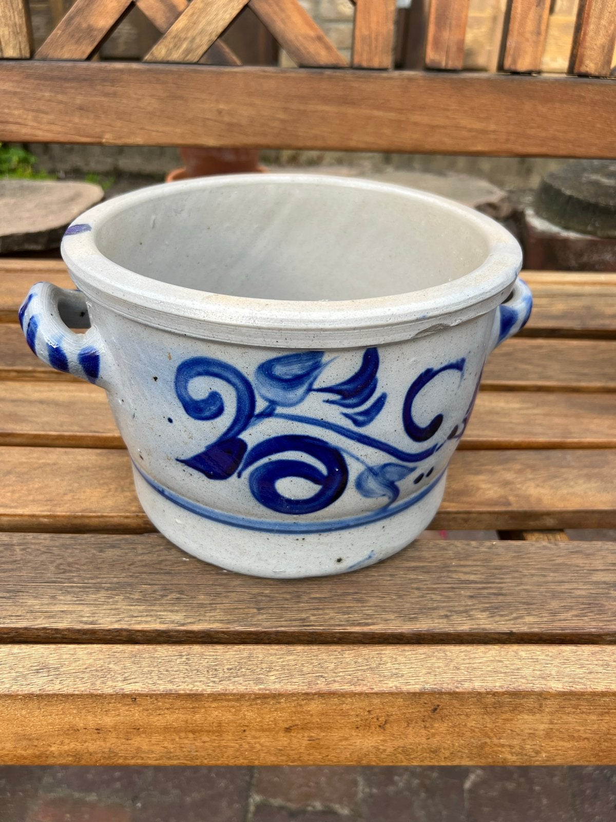 Vintage Keulse bloempot met blauw decor - Ø 20 cm, Ophalen of Verzenden