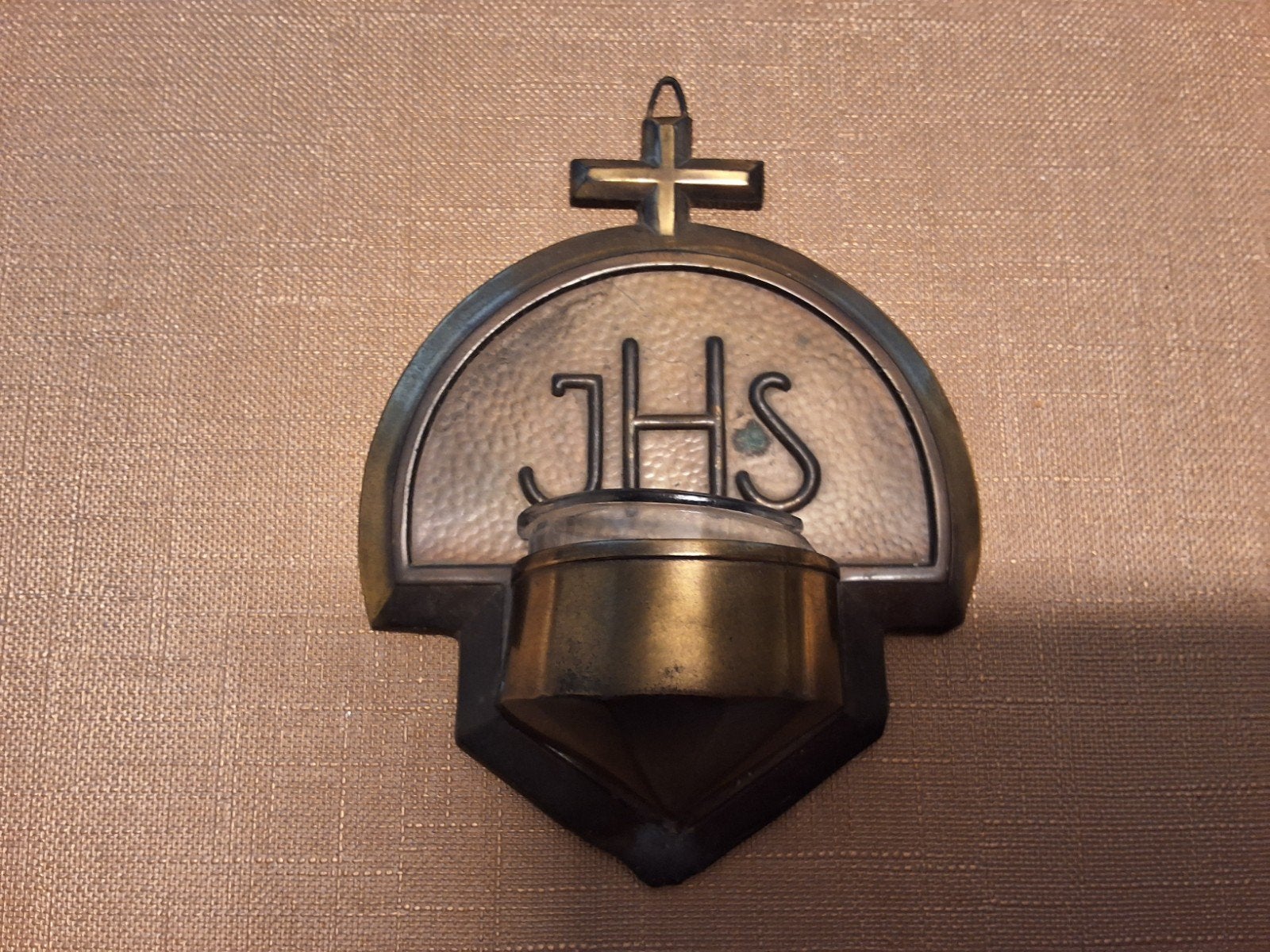 Vintage Wijwatervat JHS - Messing en Glas - Katholiek, Antiek en Kunst, Antiek | Religie, Ophalen of Verzenden