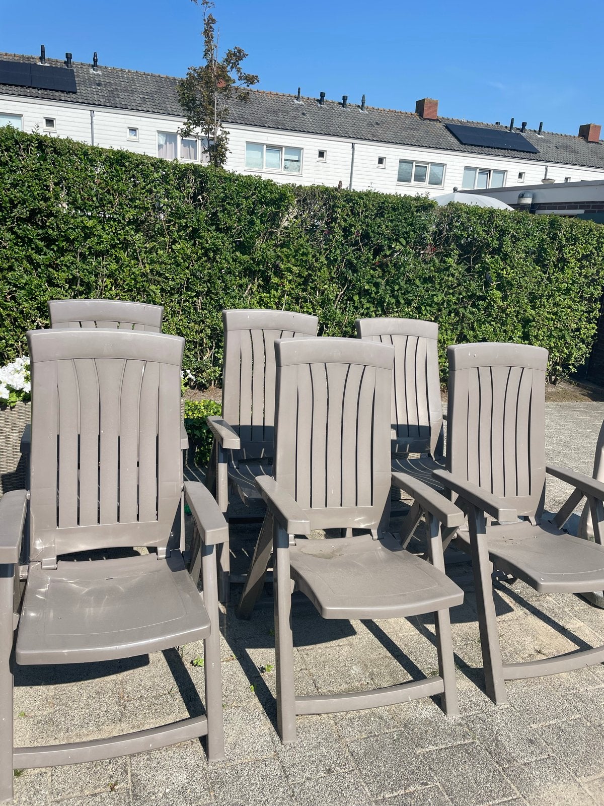 6 verstelbare tuinstoelen met kussens, Ophalen, Gebruikt, Kunststof, Verstelbaar