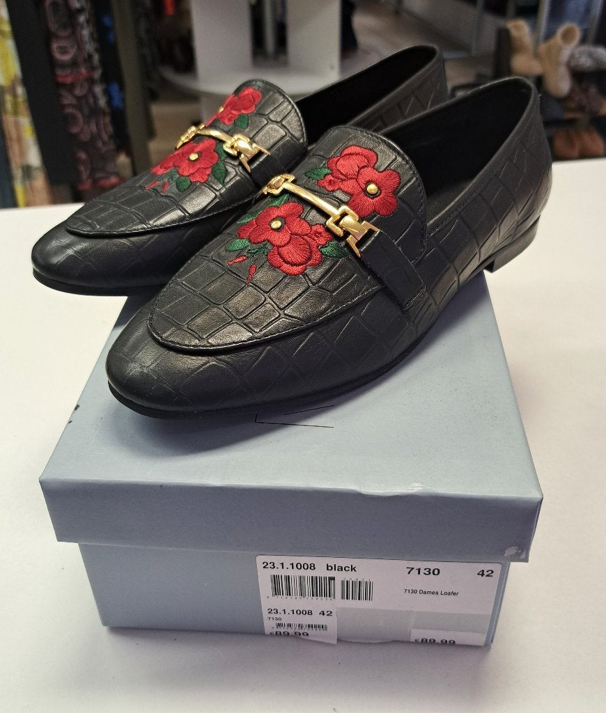 Manfield Loafers nieuw in doos maat 42 zwart + bloemen 49823