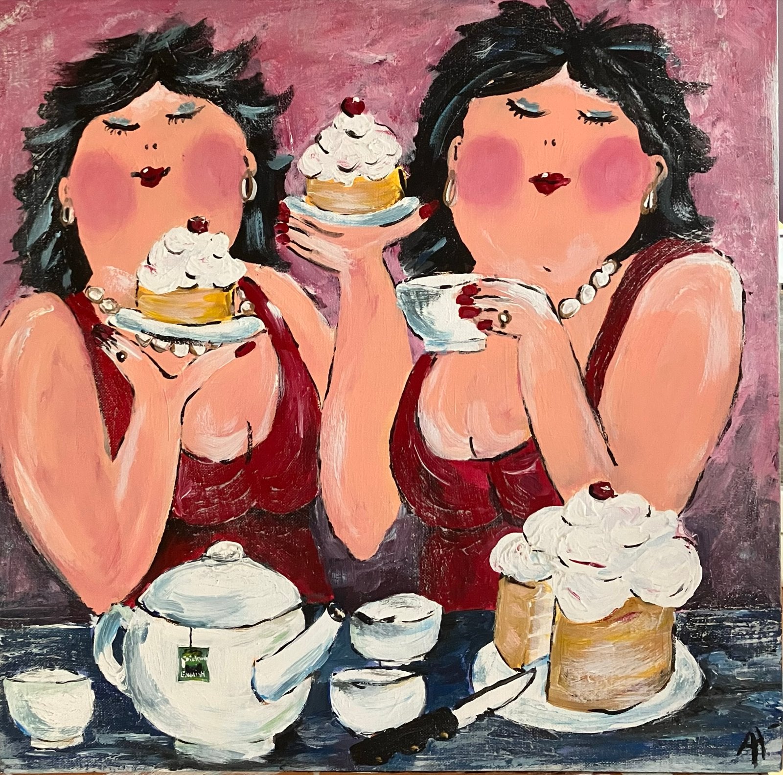 Schilderij 50x50 cm 'Dikke Dames' - Gezellig Theekransje, Antiek en Kunst, Handgeschilderd, Ophalen of Verzenden, Textiel, Figuren