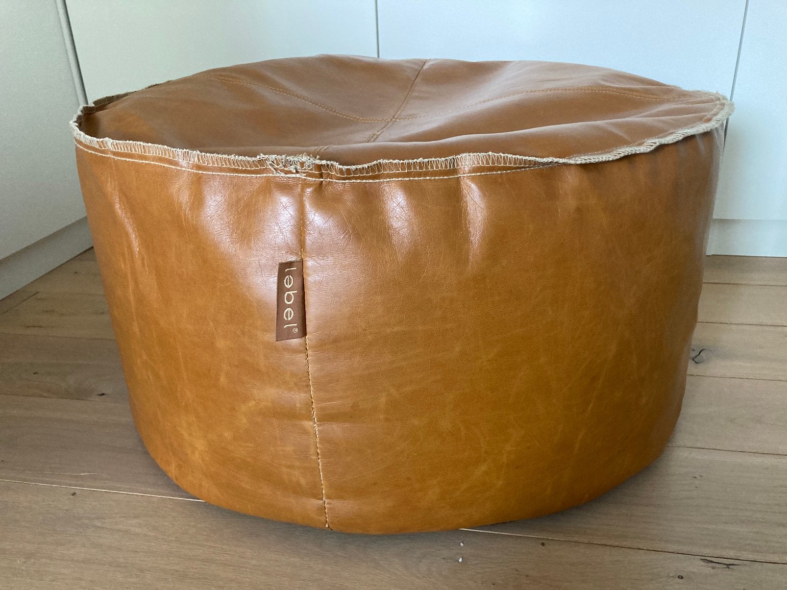 Stoere Poef (Lebel) Cognac leer, Ophalen, Minder dan 50 cm, Rond, Leer
