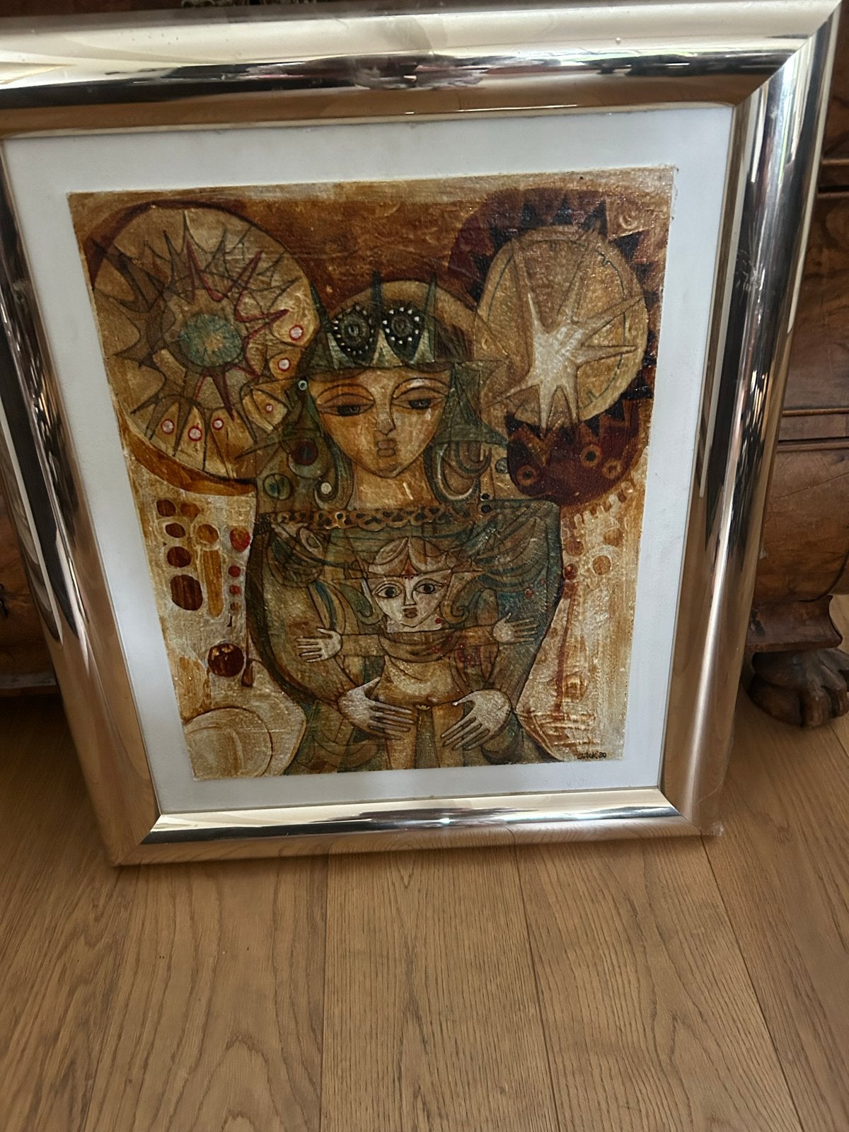 Origineel schilderij Jacky Harden - Moeder en Kind, Figuren, Ophalen of Verzenden, Ingelijst, Gemengde techniek