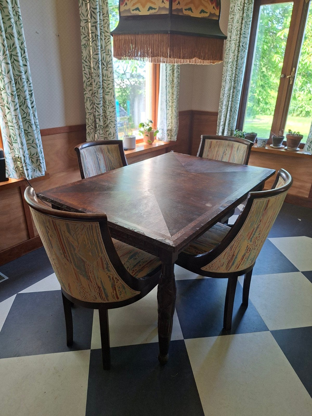 Unieke handgesneden eettafel (art deco) met lades en stoelen, Ophalen