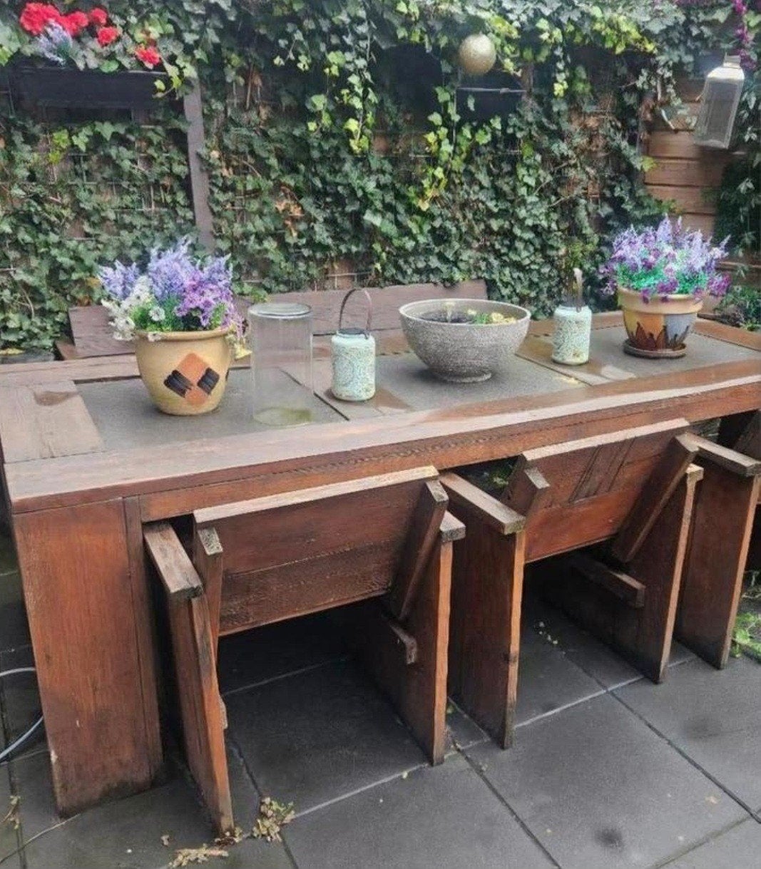 Robuuste steigerhouten set tafel bank  3 stoelen en kussens, Ophalen, Gebruikt, Rechthoekig, Hout