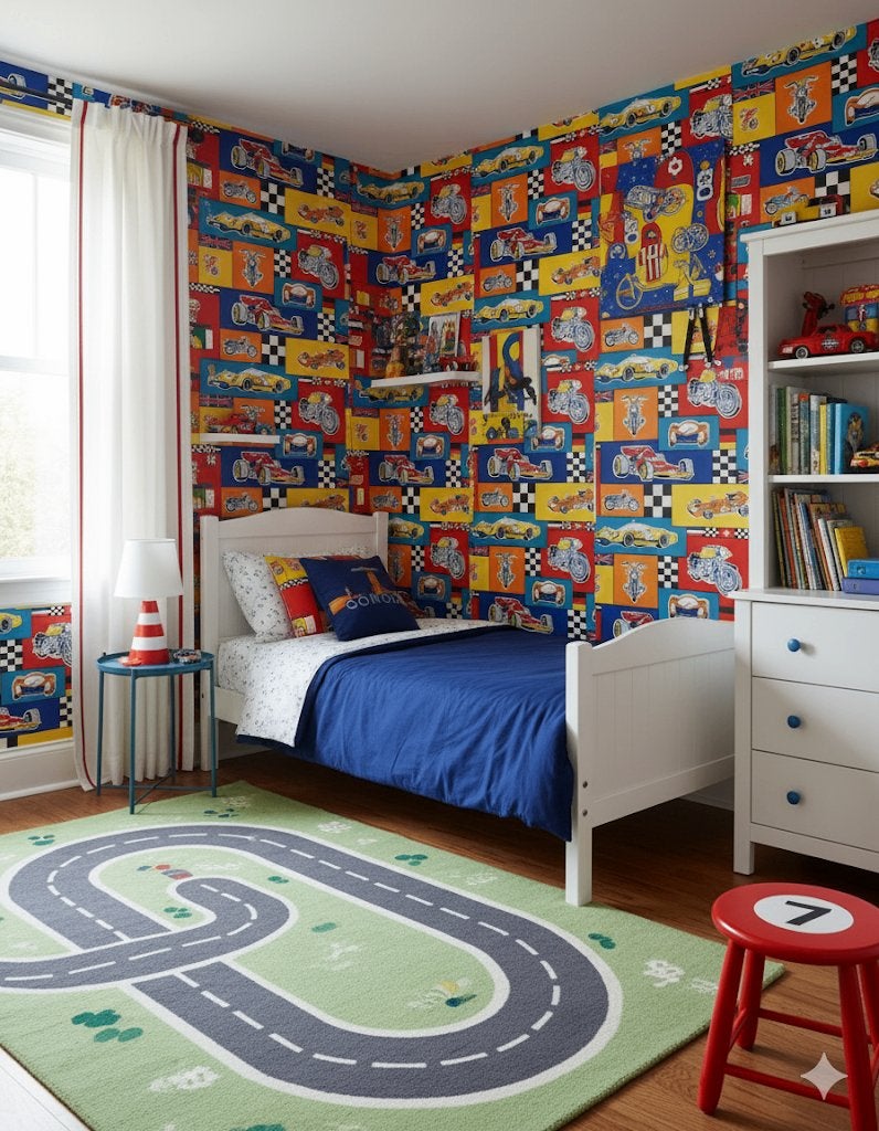 4009 Stoer vintage kinderbehang raceauto’s motoren swiet, Huis en Inrichting, Stoffering | Behang, Verzenden, Geel