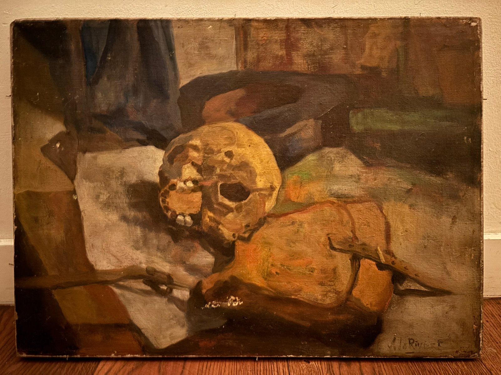 ‘Doodskop’ van Adriaan de la Riviere, Realistisch, Stilleven, Gesigneerd, Olieverf