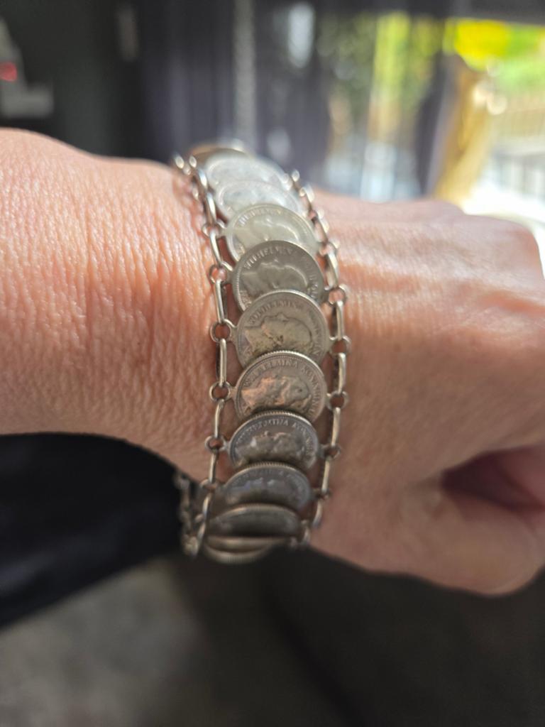 Vintage Zilveren Dubbeltjes Armband - Jaren '30, Ophalen, Gebruikt, Zilver, Zilver