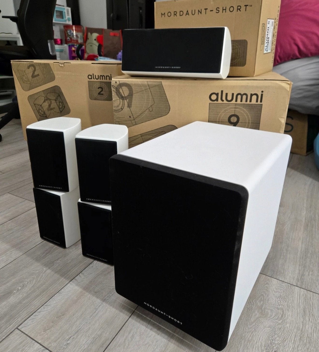 Mordaunt Short Alumni 5.1 Speakerset met extra frontspeakers, Gebruikt, Speakerset, Ophalen of Verzenden, Geschikt voor surround/home cinema