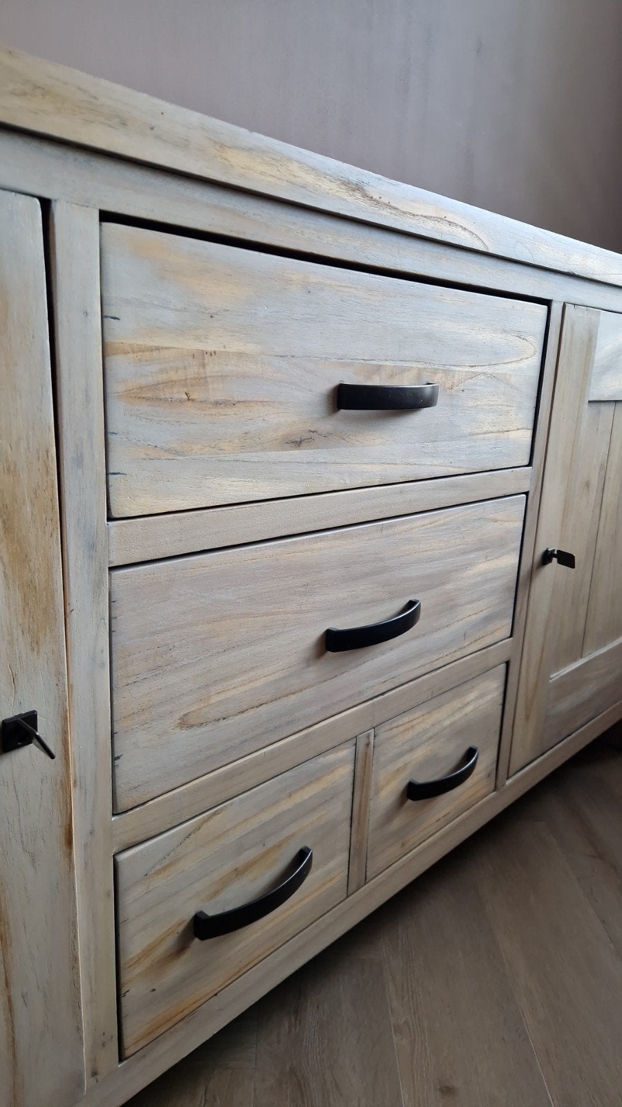 Zware kwaliteit dressoir mango hout whitewash, lades/planken, Ophalen, Gebruikt, 25 tot 50 cm, 150 tot 200 cm