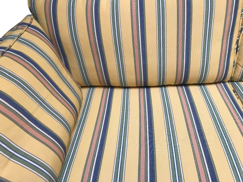Bank 200 cm br. Stof geel/blauw/brique/ecru streep patroon., Ophalen, 150 tot 200 cm, Driepersoons, 75 tot 100 cm