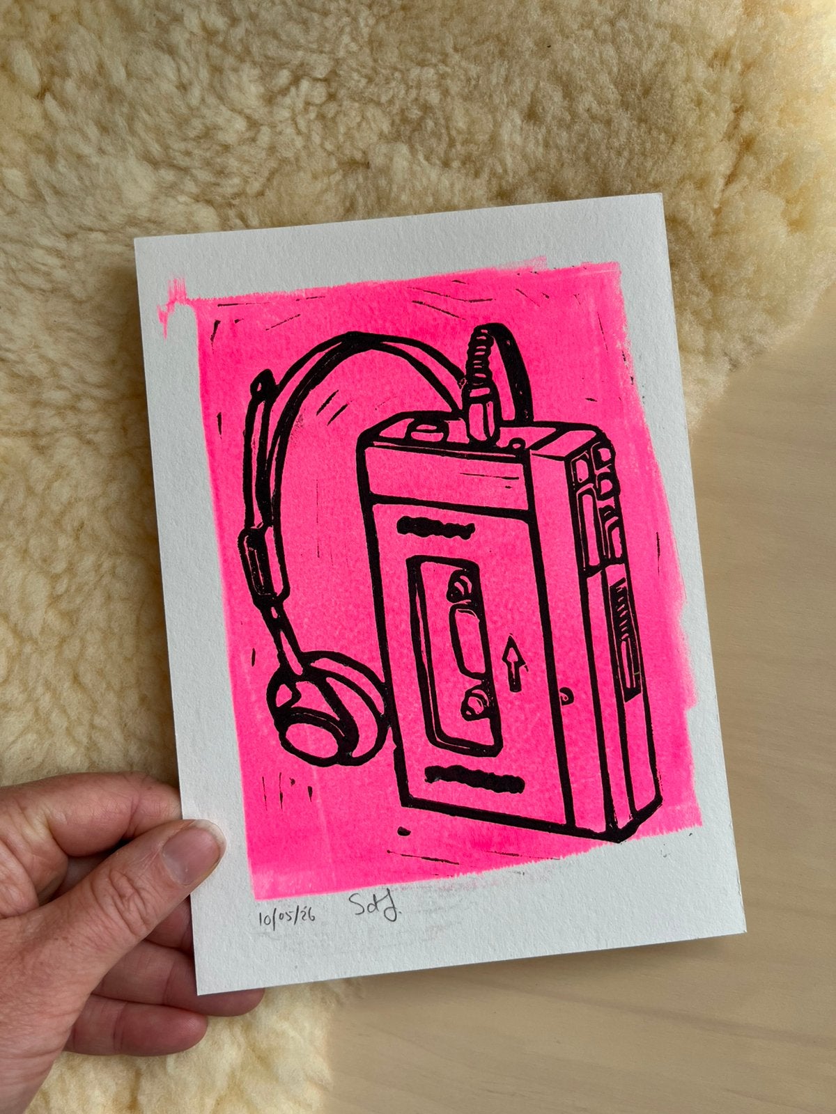 Linosnede afdruk Walkman - neon roze, Ophalen of Verzenden