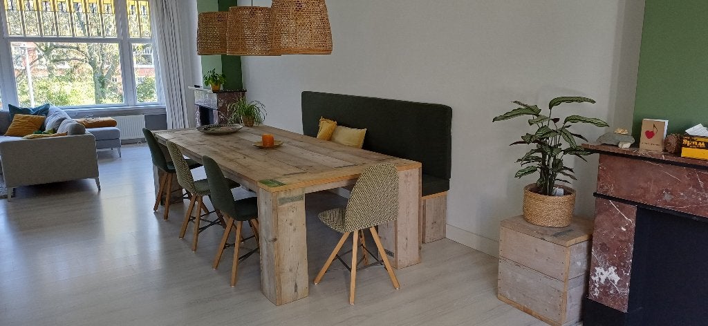 tafel van steigerhout (inclusief inschuifbank), Ophalen, Overige materialen, Gebruikt, 200 cm of meer