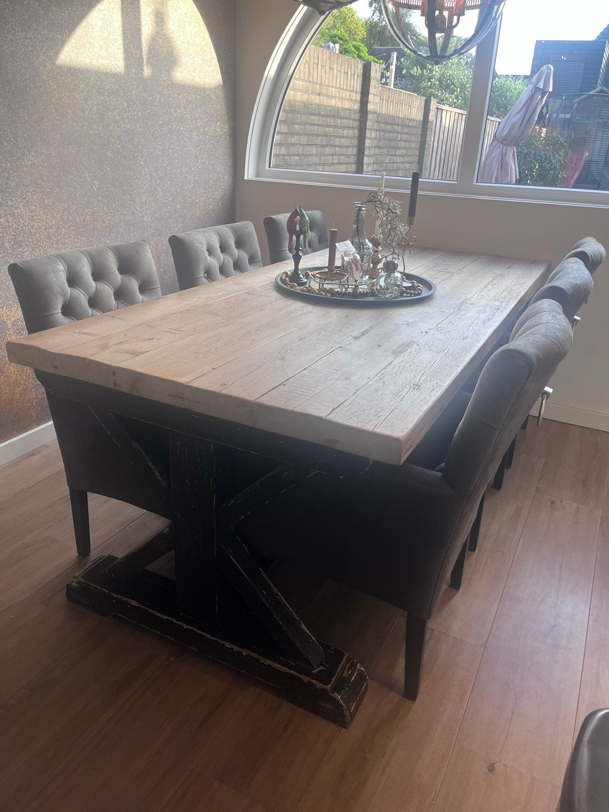 Robuuste brocante eettafel + dinerstoelen / eetkamer set, Ophalen, Gebruikt, 100 tot 150 cm, 200 cm of meer