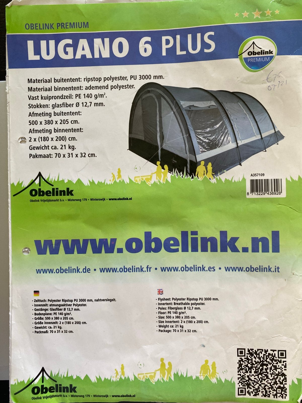 GRATiS: Obelink Lugano 6 Plus tunneltent - Ruime gezinstent, Ophalen, Gebruikt, Tot en met 6