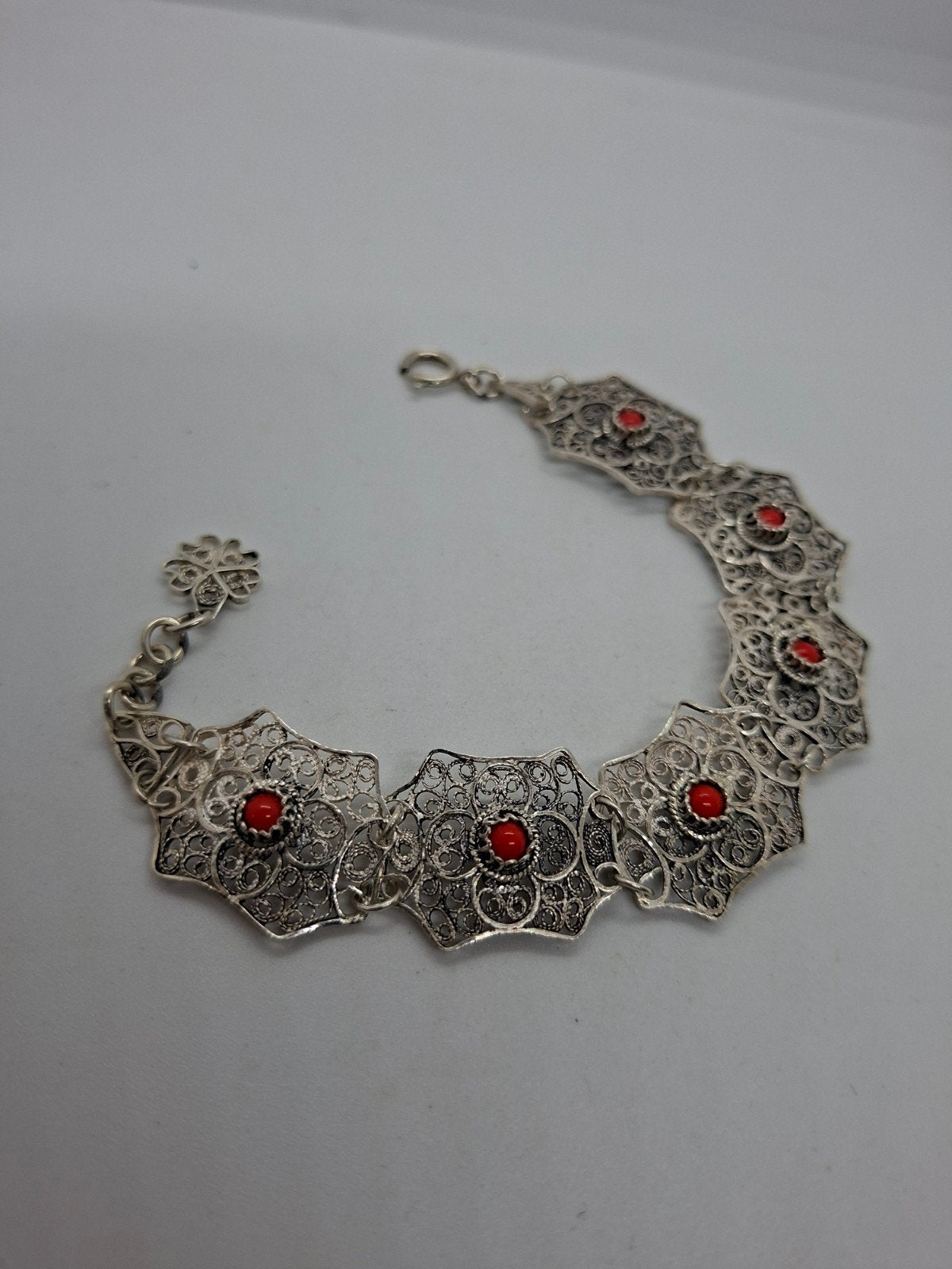 Antieke Zilveren Filigraan Armband met Bloedkoraal, Ophalen of Verzenden