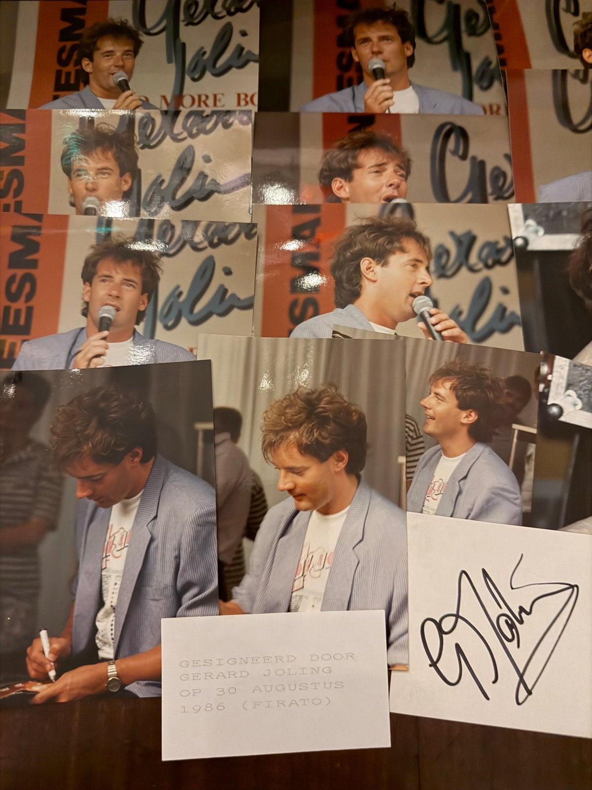 Set van 13 foto's en handtekening van Gerard Joling uit 1986, Verzamelen, Gebruikt, 1980 tot heden, Foto, Ophalen of Verzenden